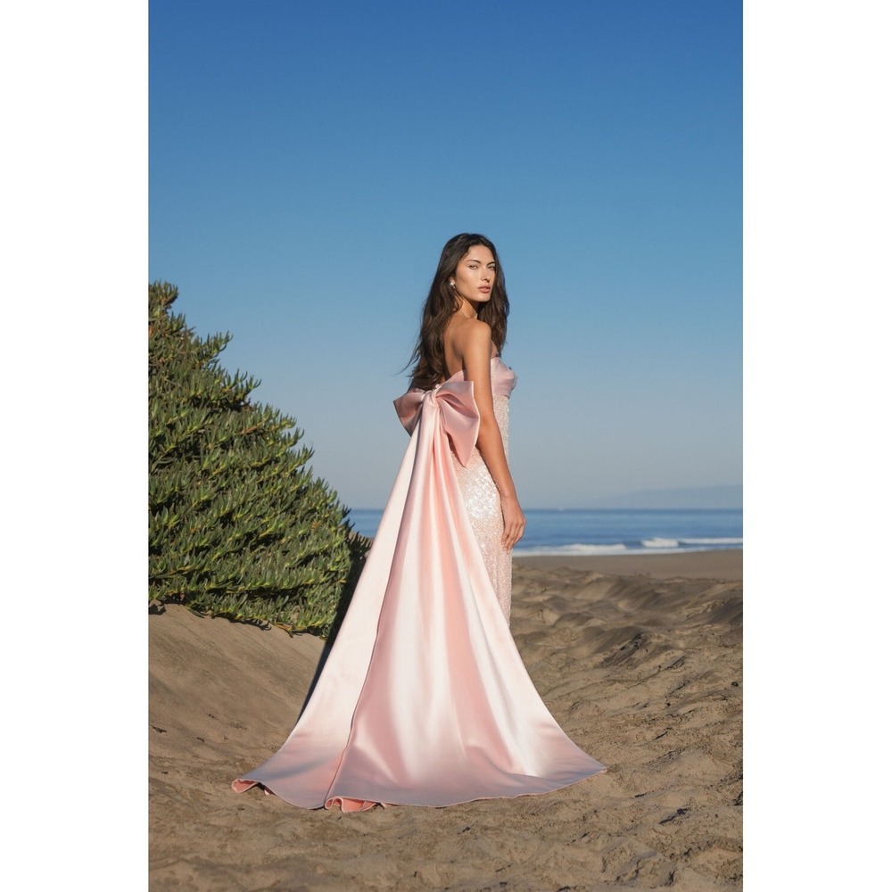Mac Duggal Blush Pink Strapless Embellished Gown With Back Bow Detail $898 Sz 10 - Picture 2 of 15
